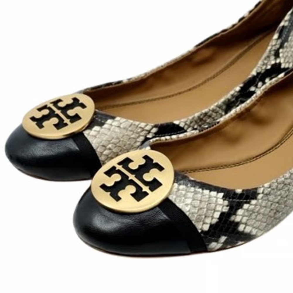 Tory Burch Black and Gold Snakeskin Flats